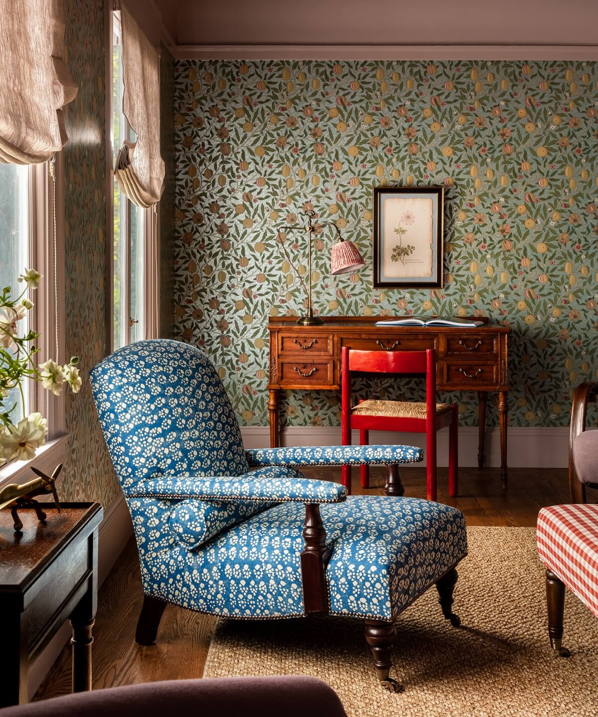 A Lesson in Color and Pattern in a San Francisco Home 21 Heidi-Caillier-Design-Cow-Hollow-SF-interior-design-william-morris-wallpaper-red-chair