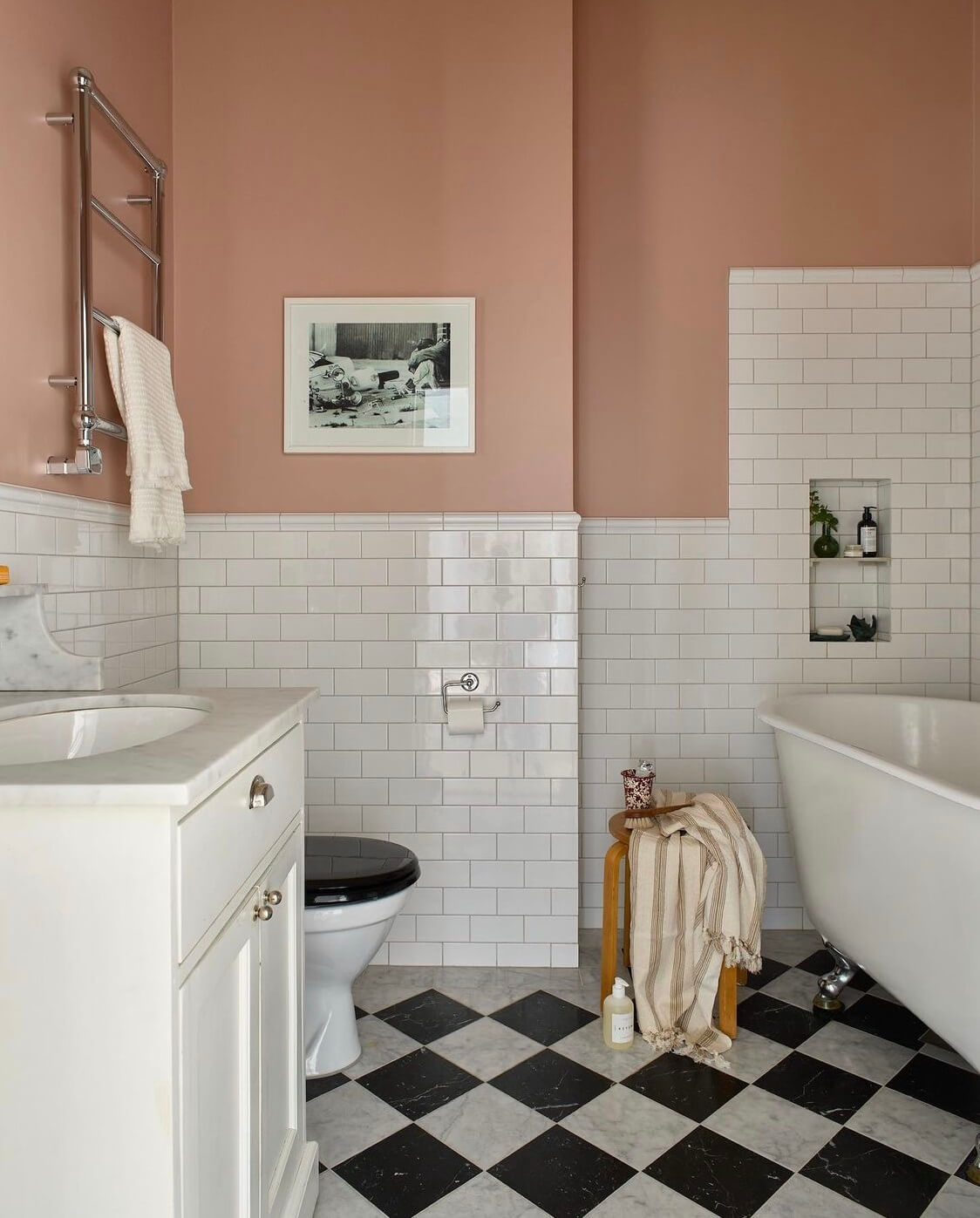 A Swedish Family Home Packed With Color 8 bathroom-pink-walls-black-white-checkerboard-floor-bath-nordroom