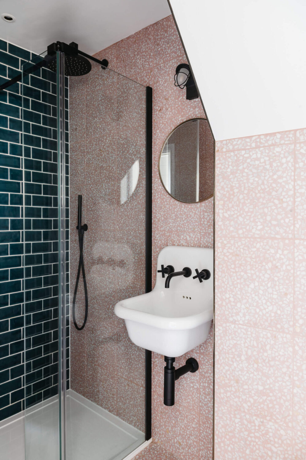 A Beautiful Duplex Apartment in Cornwall 14 bathroom-walk-in-shower-terrazzo-green-tiles-nordroom