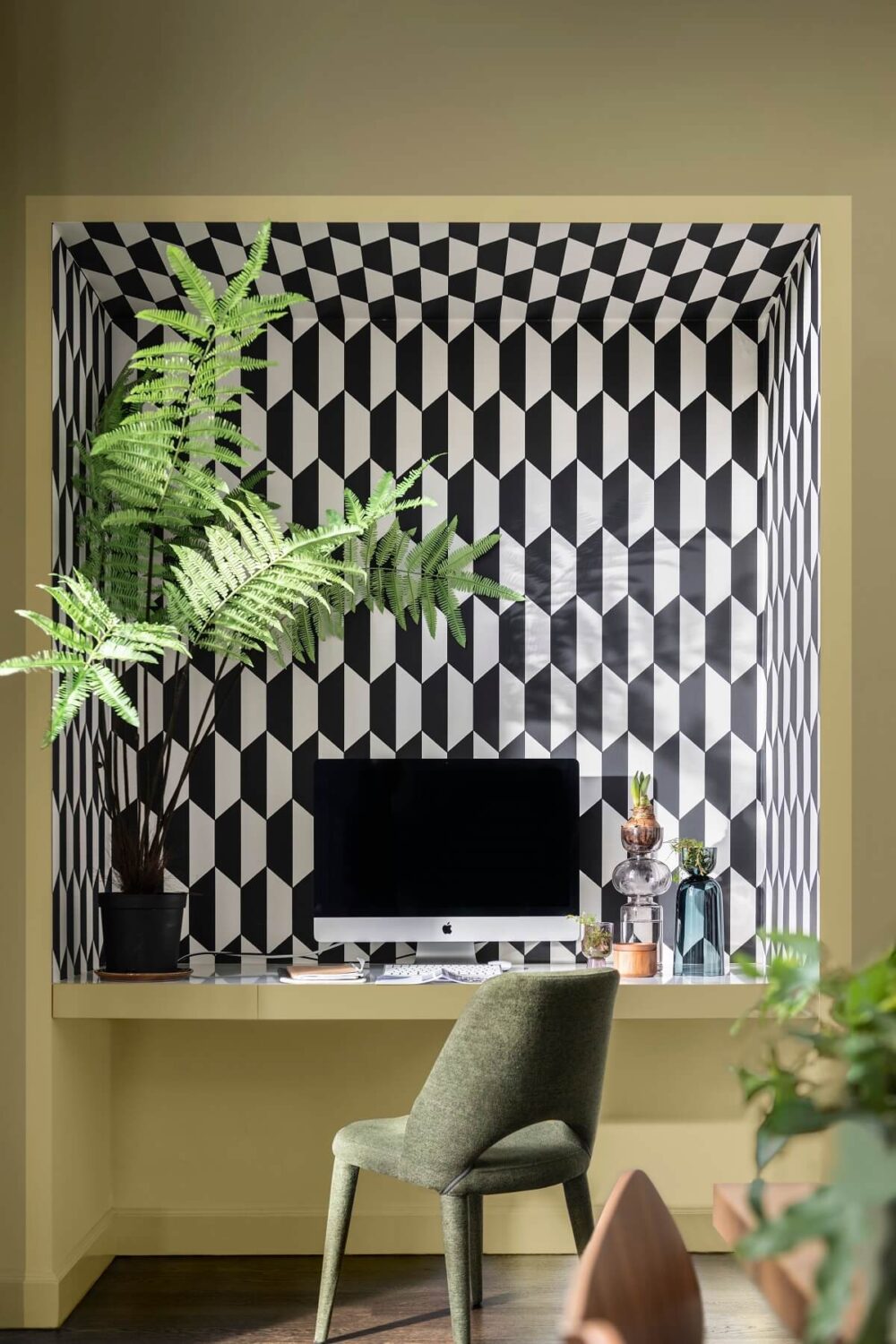 The Color Trends for 2023: Rich & Warm Natural Hues 24 dulux-color-trends-color-of-the-year-wild-wonder-2023-lush-color-palette-built-in-home-office-geometric-accent-wall-nordroom