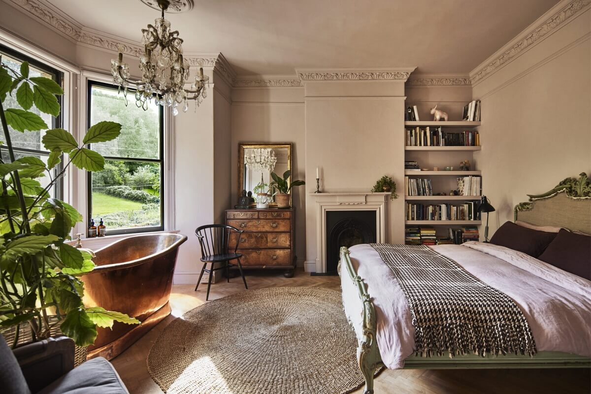 Best of 2022: Bedrooms 13 master-bedroom-brass-bateau-tub-bookshelves-fireplace-bay-window-nordroom