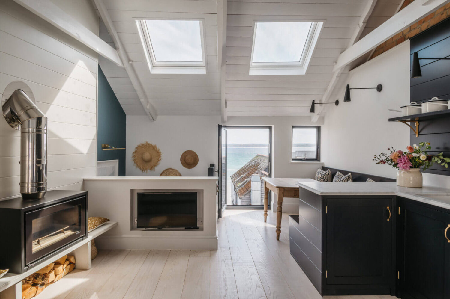 A Beautiful Duplex Apartment in Cornwall 2 open-plan-kitchen-living-room-skylights-st-ives-nordroom
