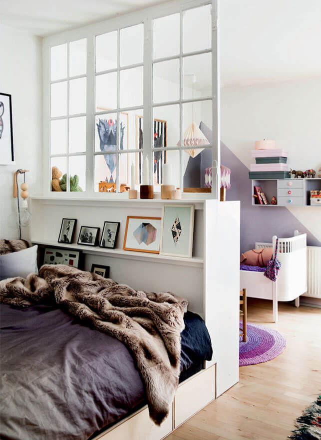 Great Living Room Bedroom Combo Ideas (Layout Tips + Styling) 6 bookcase-glass-room-divider-storage-ledge-nordroom