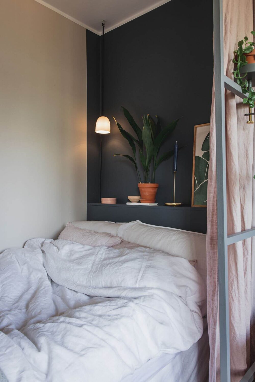 53 Studio Apartments with a Curtain Room Divider 27 dark-blue-accent-wall-color-scheme-one-room-apartment-nordroom