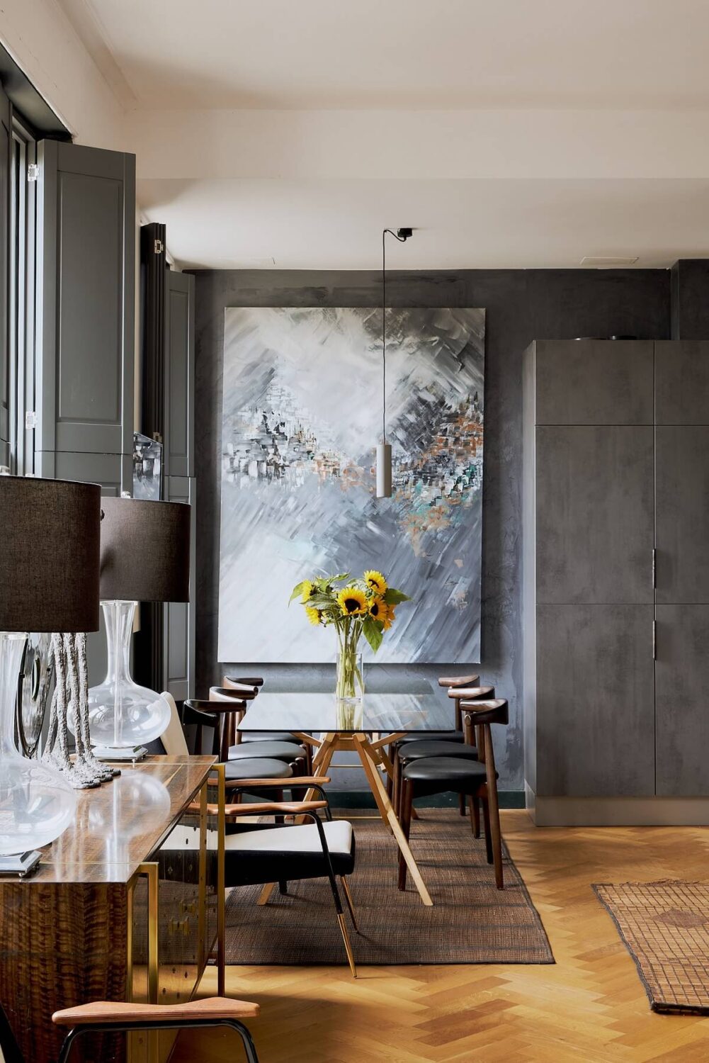 A Beautiful London Apartment in an Italianate Style Villa 5 gray-kitchen-dining-table-large-art-hardwood-floor-nordroom
