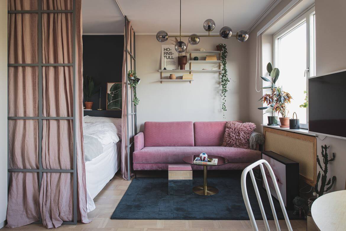 Great Living Room Bedroom Combo Ideas (Layout Tips + Styling) 48 light-dark-color-scheme-one-room-apartment-nordroom
