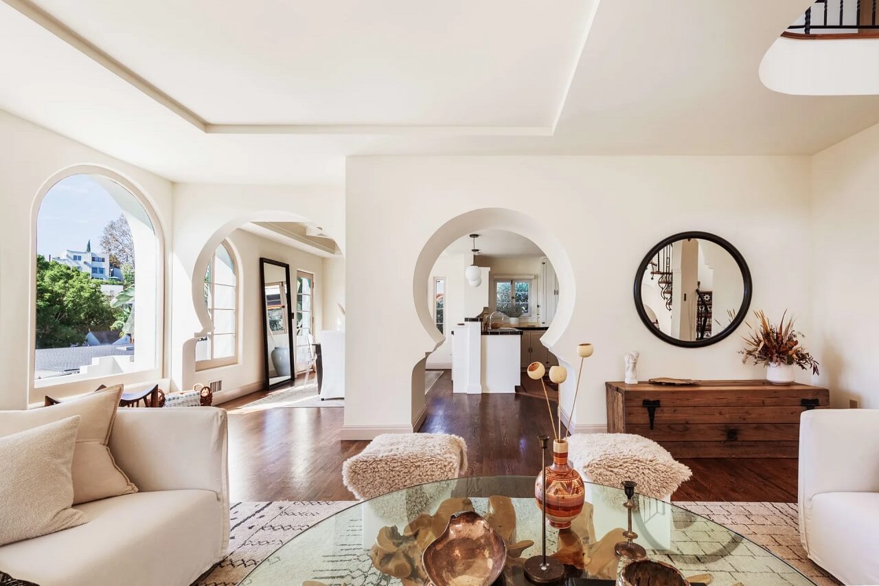 A Bright Spanish-Style Villa in Los Angeles 7 open-plan-living-space-arched-doorway-spanish-style-home-nordroom