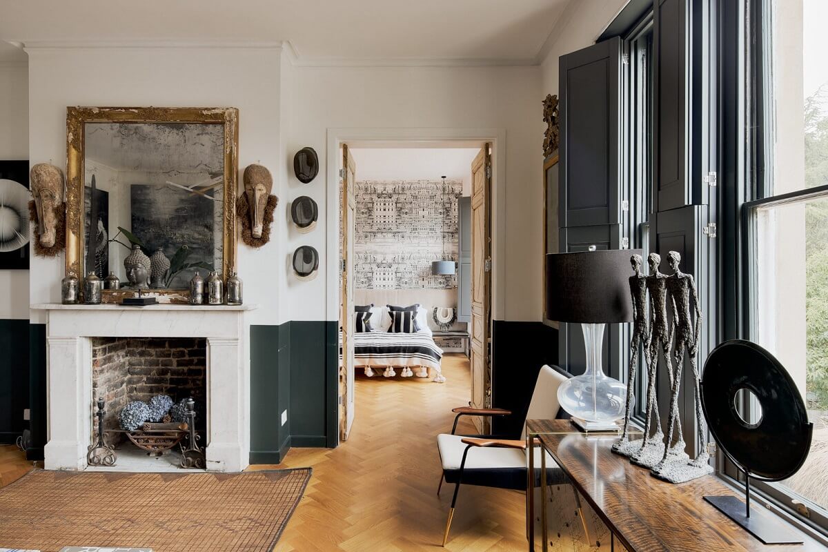 A Beautiful London Apartment in an Italianate Style Villa 9 open-plan-living-space-double-doors-leading-to-bedroom-wood-floor-nordroom