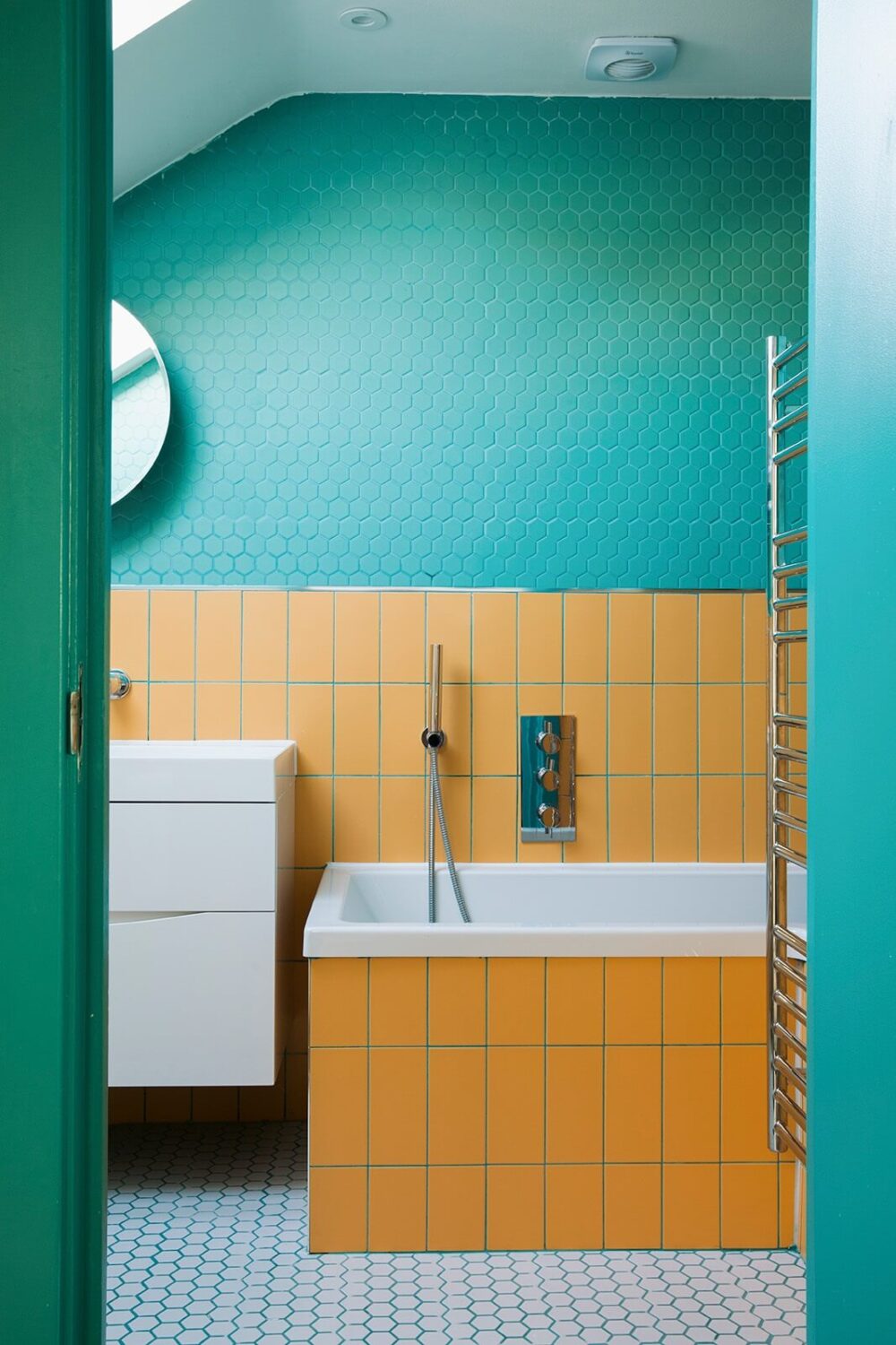 A Unique Colorful Family Home in London 17 bathroom-green-walls-yellow-tiles-nordroom