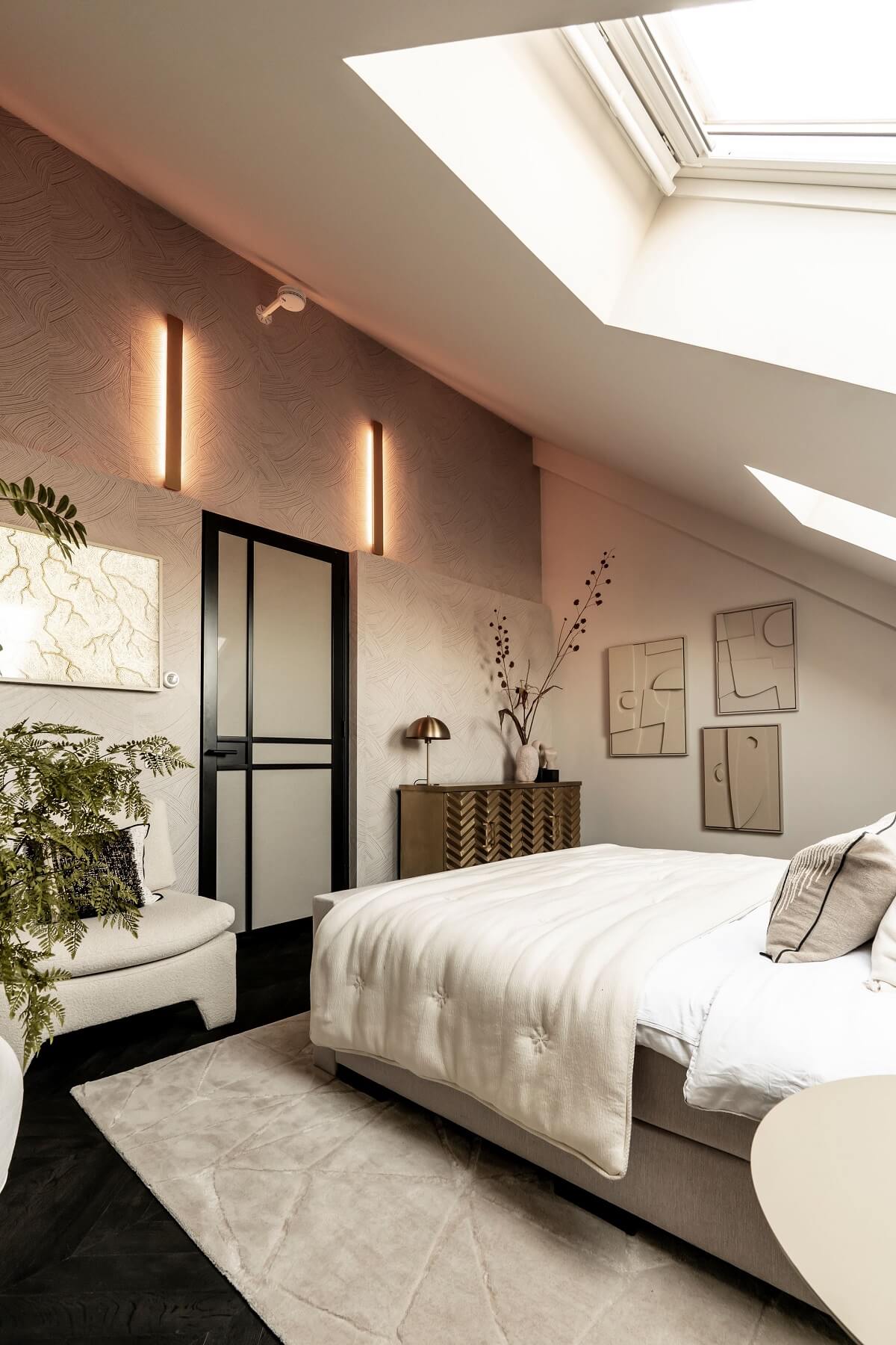 attic-bedroom-slanted-ceiling-skylights-black-chevron-floor-nordroom
