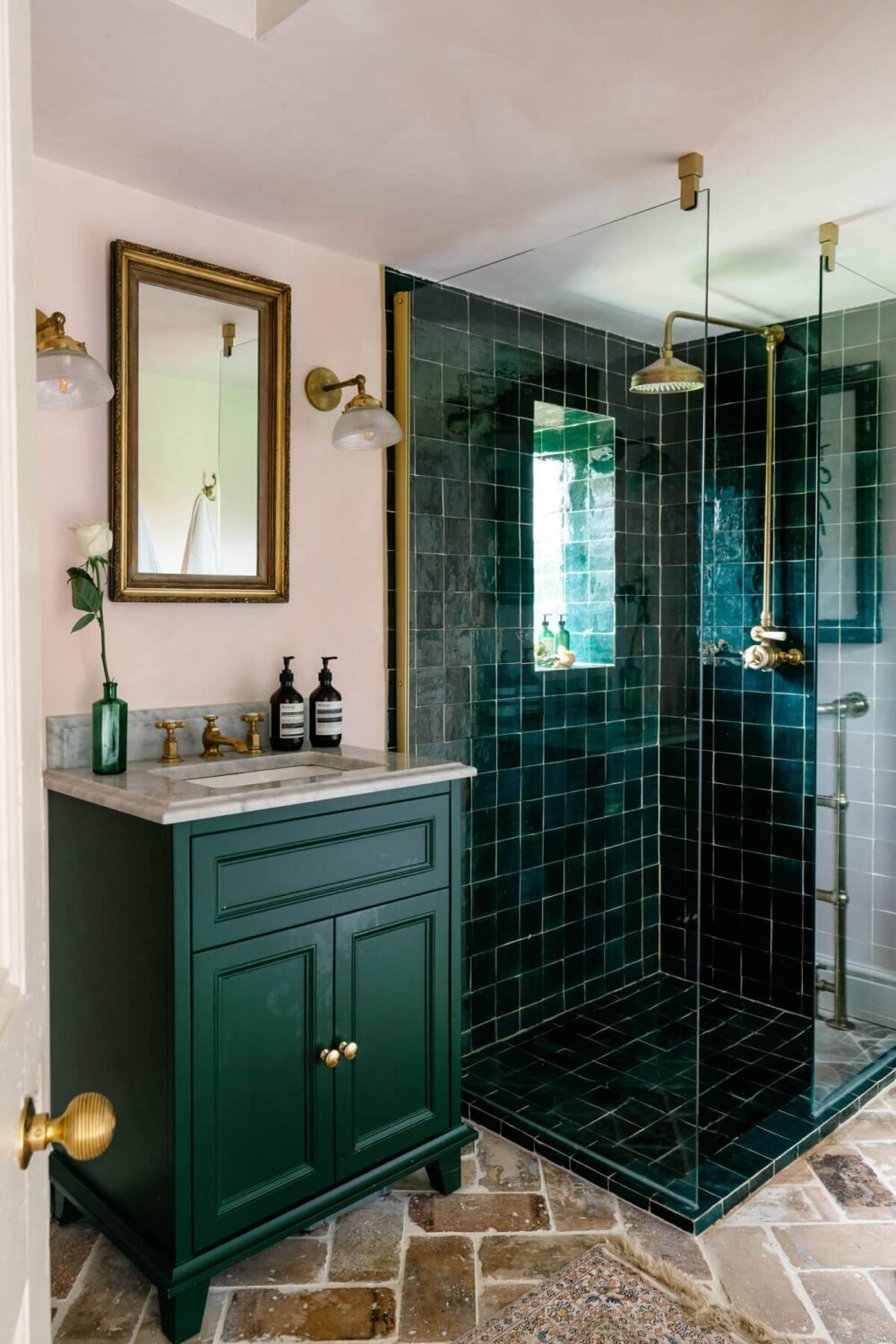 An English Barn Conversion Decorated in Green and Blue 17 bathroom-shower-green-tiles-vanity-nordroom