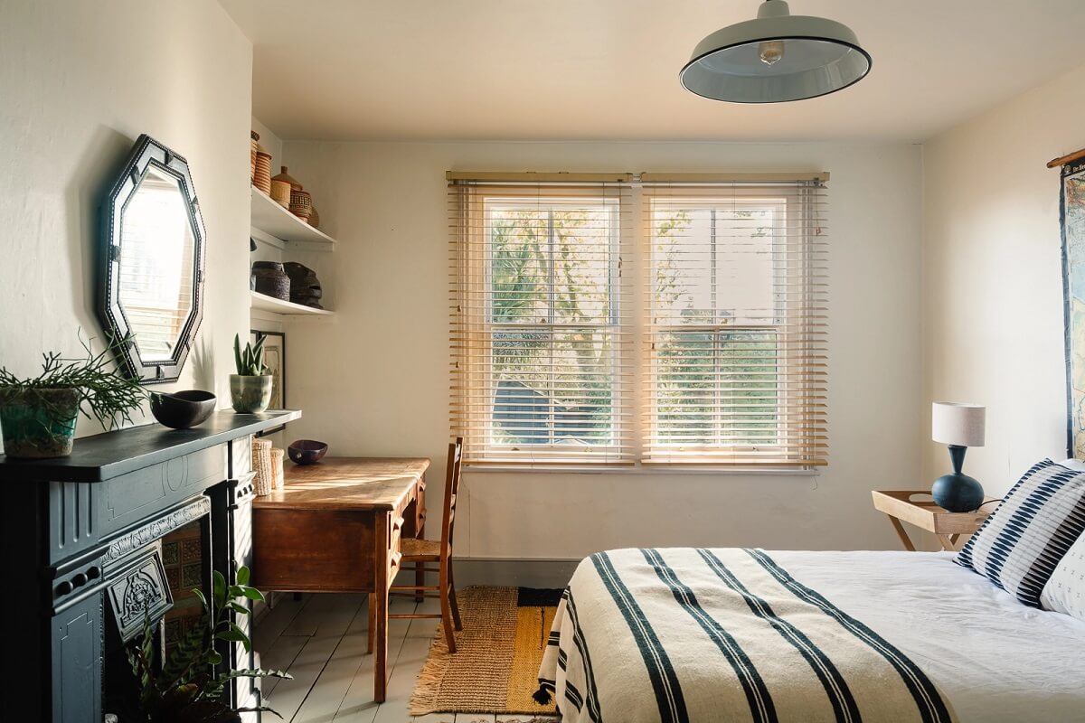 A Victorian House in London with Yellow Color Accents 19 black-fireplace-desk-bedroom-nordroom