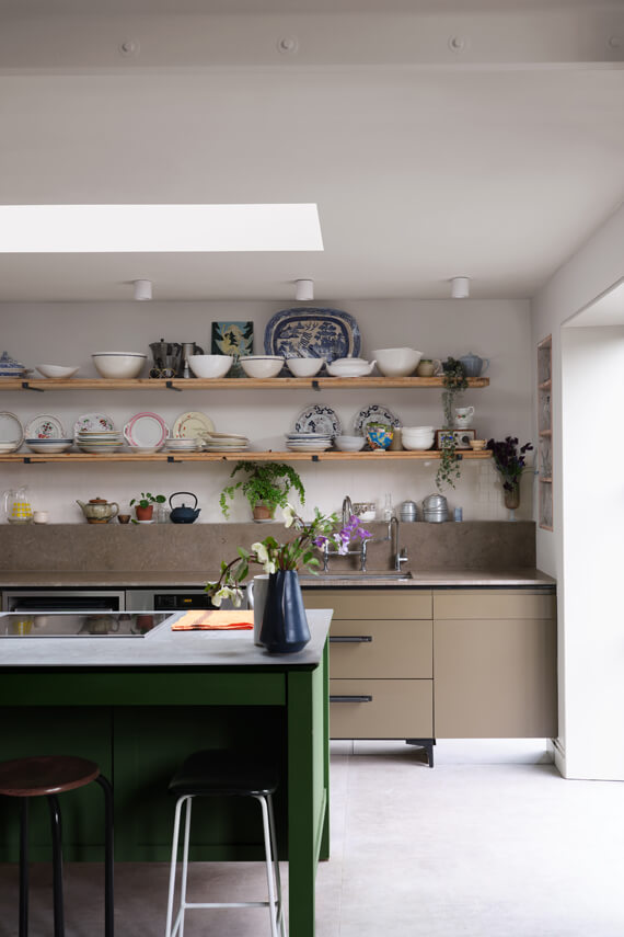 Farrow & Ball Add 11 New Colors to their Collection - 2023 4 farrow-ball-new-colors-stirabout-kitchen-island-shelves-nordroom