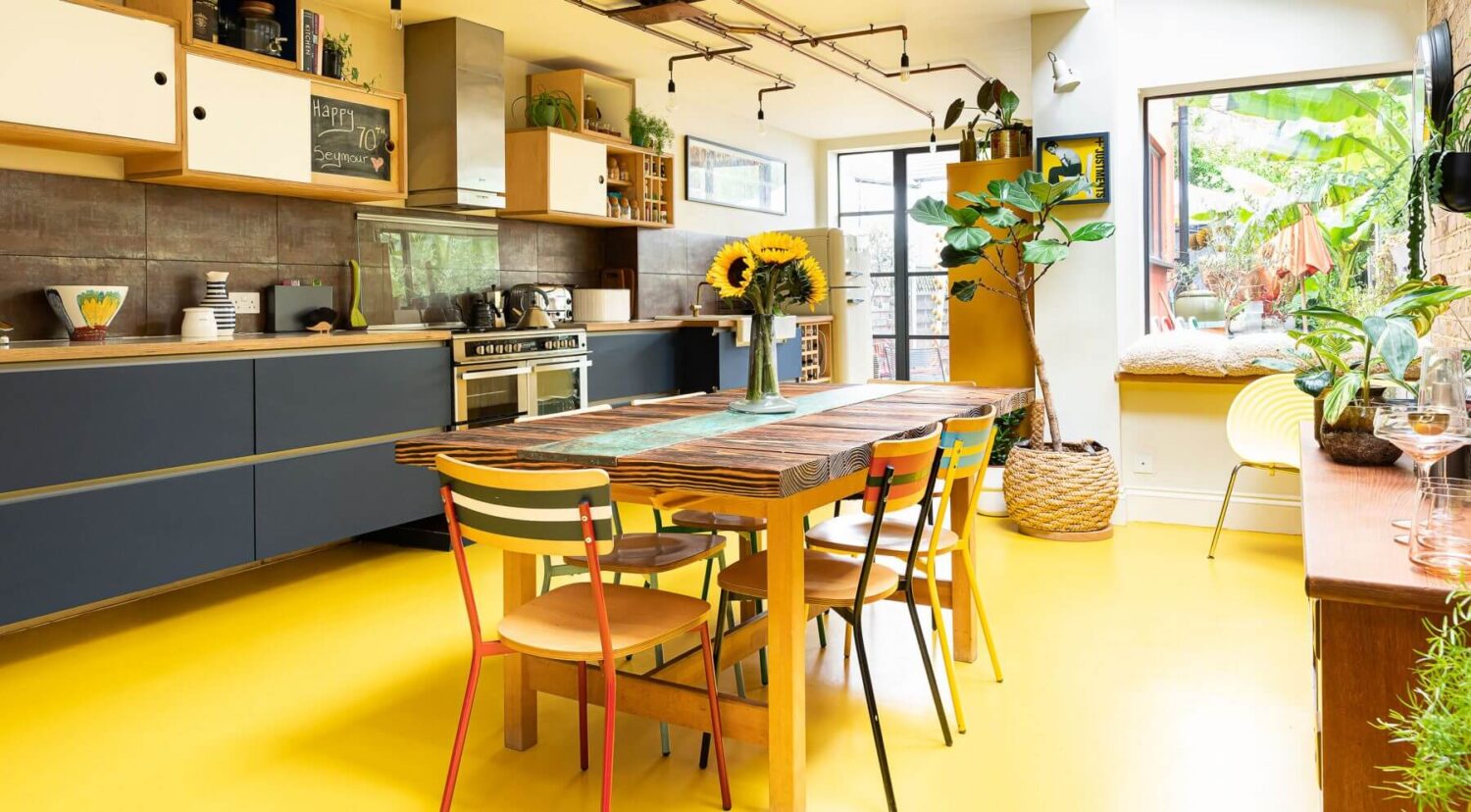 Color Blocked Walls in a Unique Victorian House 10 kitchen-blue-cabinets-yellow-floor-nordroom