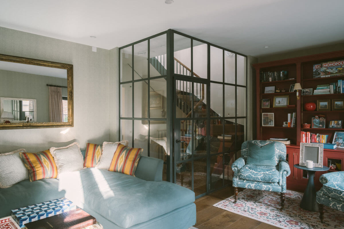 A London Mews House Made Famous in Love Actually 18 sitting-room-steel-framed-glass-wall-notting-hill-nordroom