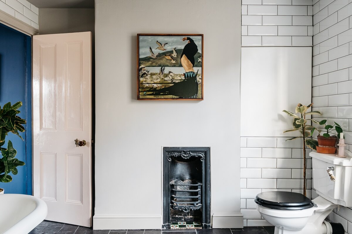 Colorful Rooms in a Historic English Home 17 bathroom-white-subway-tiles-fireplace-nordroom