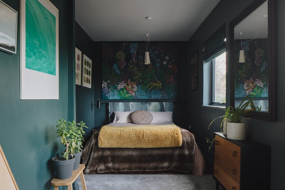 A London Home with Moody Rooms and a Pink Kitchen 12 bedroom-moody-green-walls-nordroom