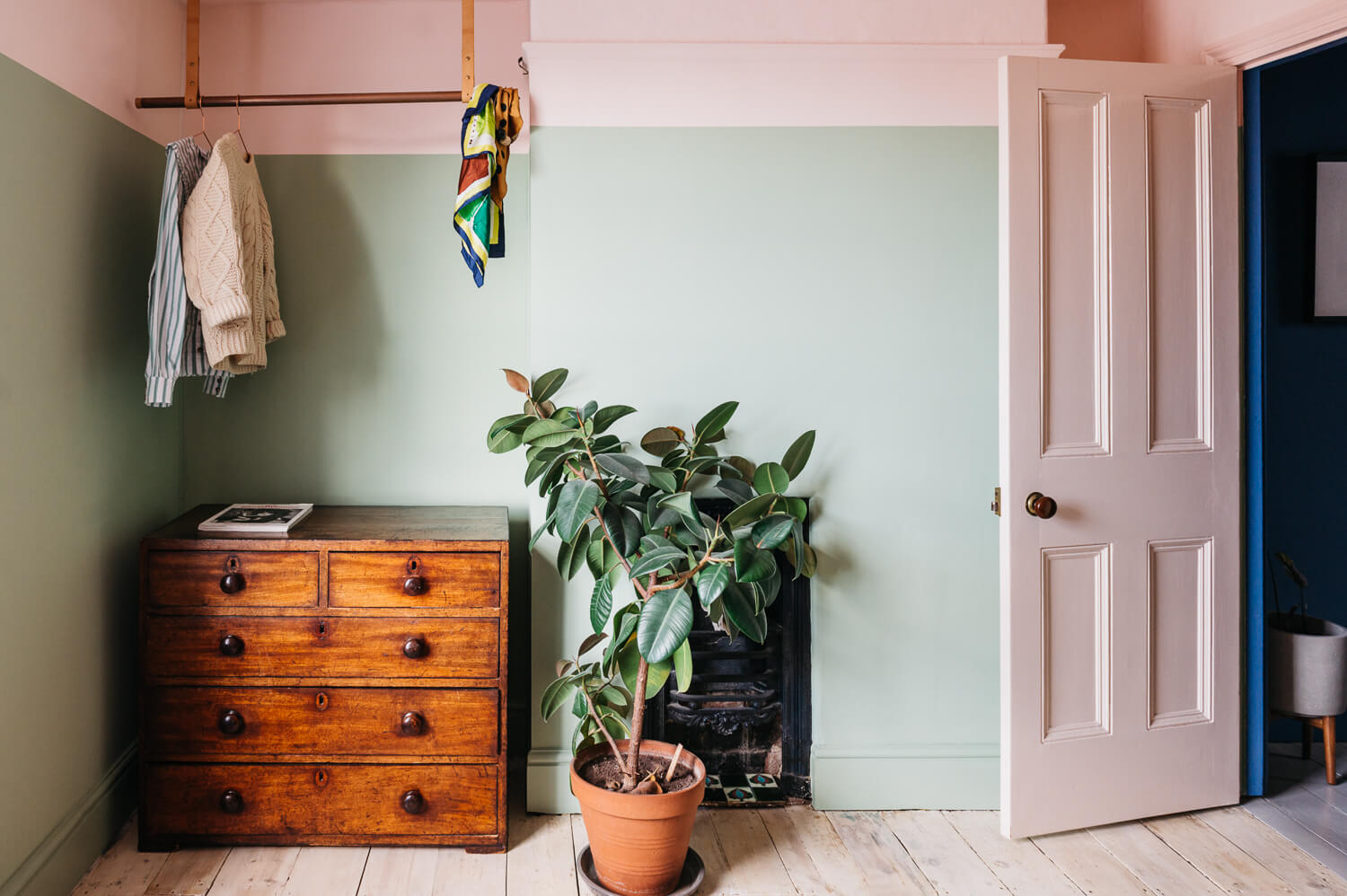 Colorful Rooms in a Historic English Home 14 bedroom-two-toned-walls-pink-yellow-vintage-dresser-nordroom