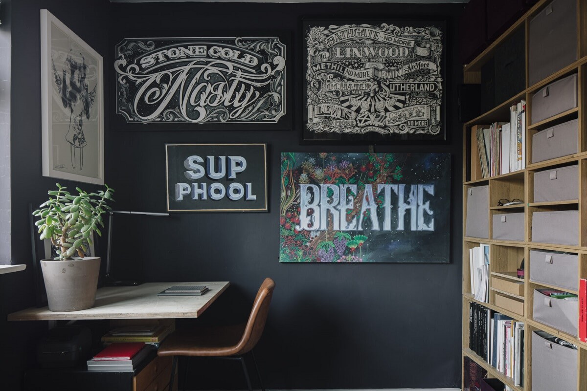 A London Home with Moody Rooms and a Pink Kitchen 16 home-office-black-walls-nordroom
