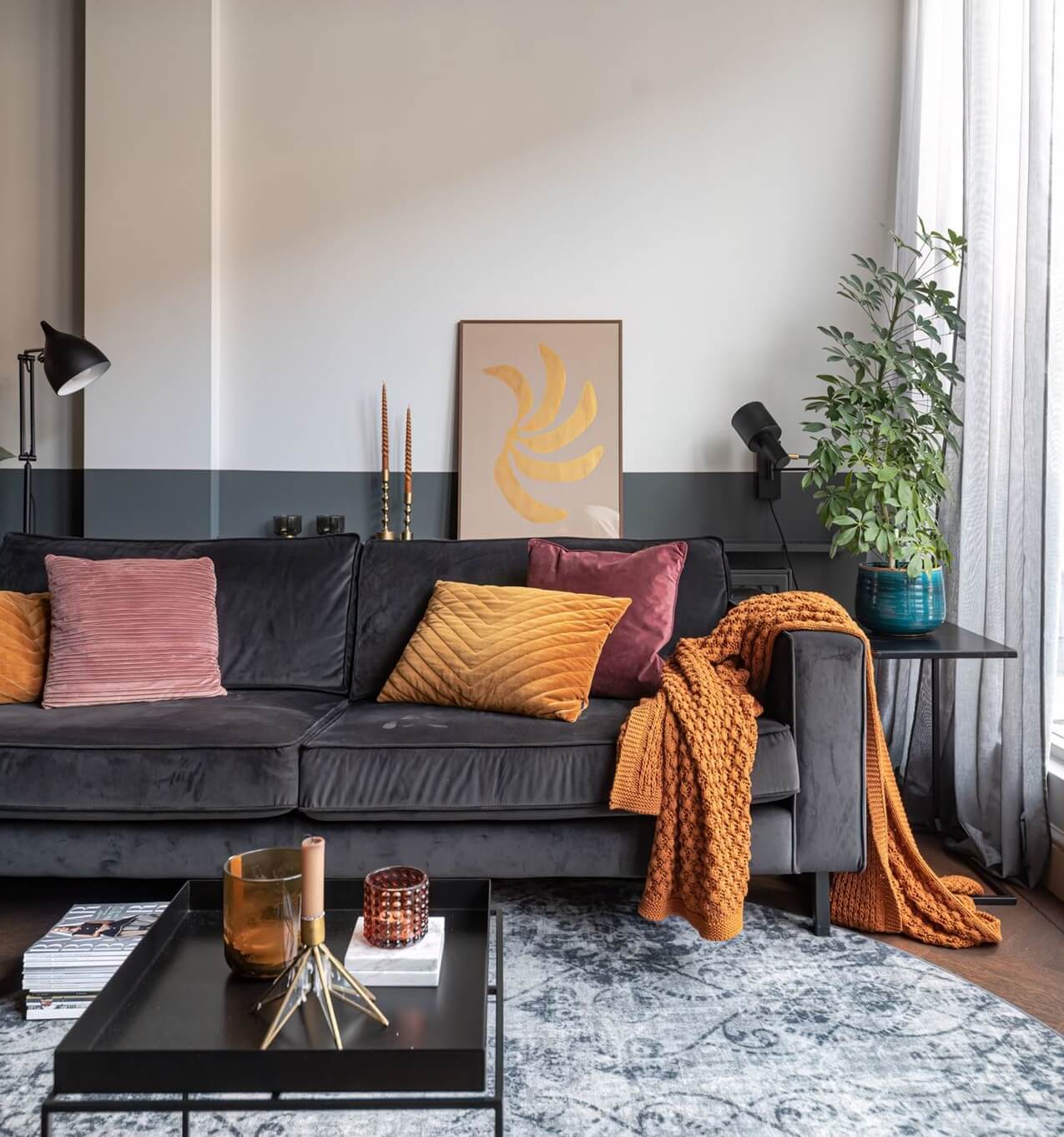 Gray and Earth Tones in a Restored Weavers House in The Netherlands 2 living-room-half-painted-gray-walls-ochre-yellow-color-accents-nordroom