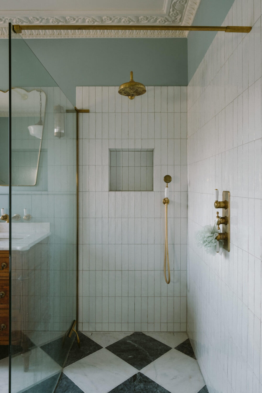 A Deep Red Kitchen in a Victorian Home in London 27 walk-in-shower-white-tiles-checkerboard-floor-nordroom
