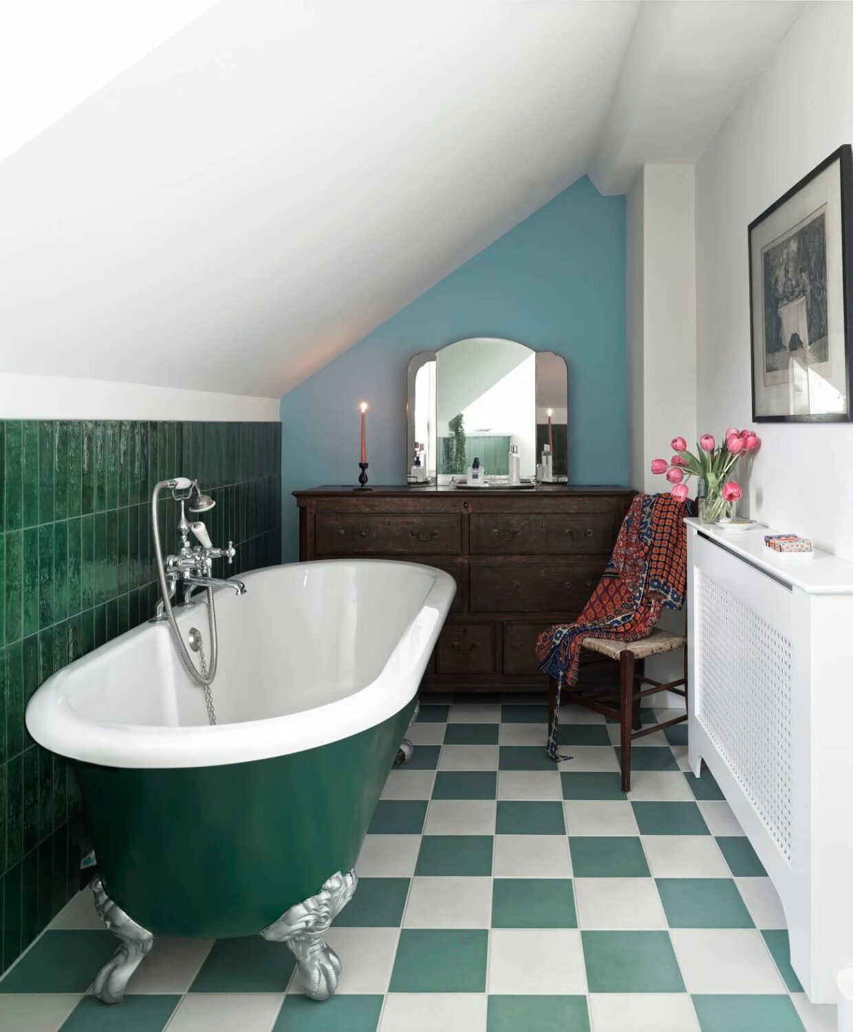 A Colorful House By The Sea Designed by Space A 14 bathroom-green-wall-tiles-freestanding-bath-checkerboard-floor-tiles-antique-vanity-nordroom