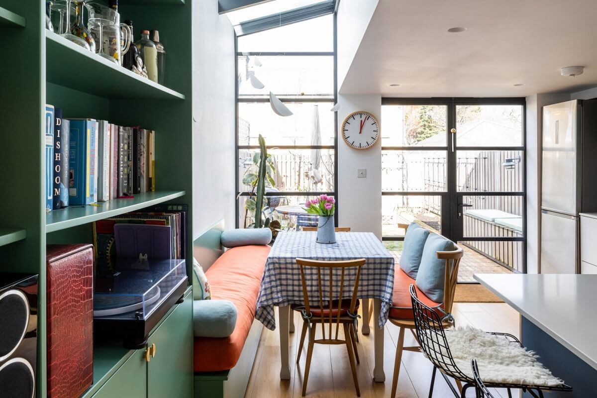 Blue and Green Tones in a London Home 1 colorful-kitchen-dining-nook-bench-skylight-nordroom