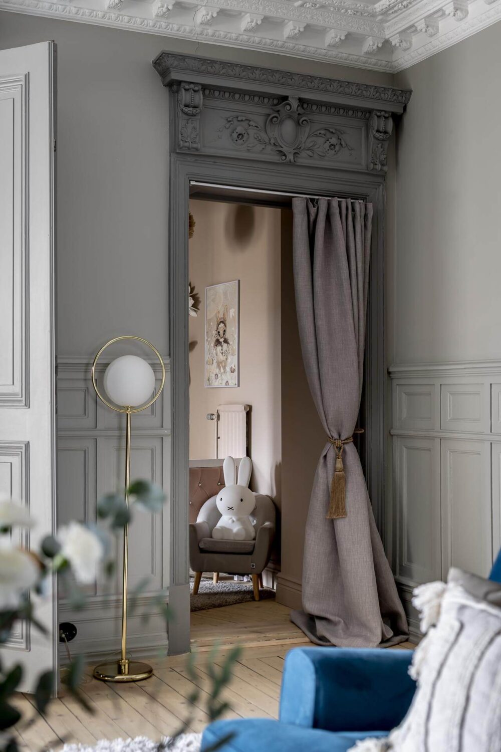 Gray Tones in a Classic Historic Scandinavian Home 12 small-doorway-curtain-baby-room-historic-details-nordroom