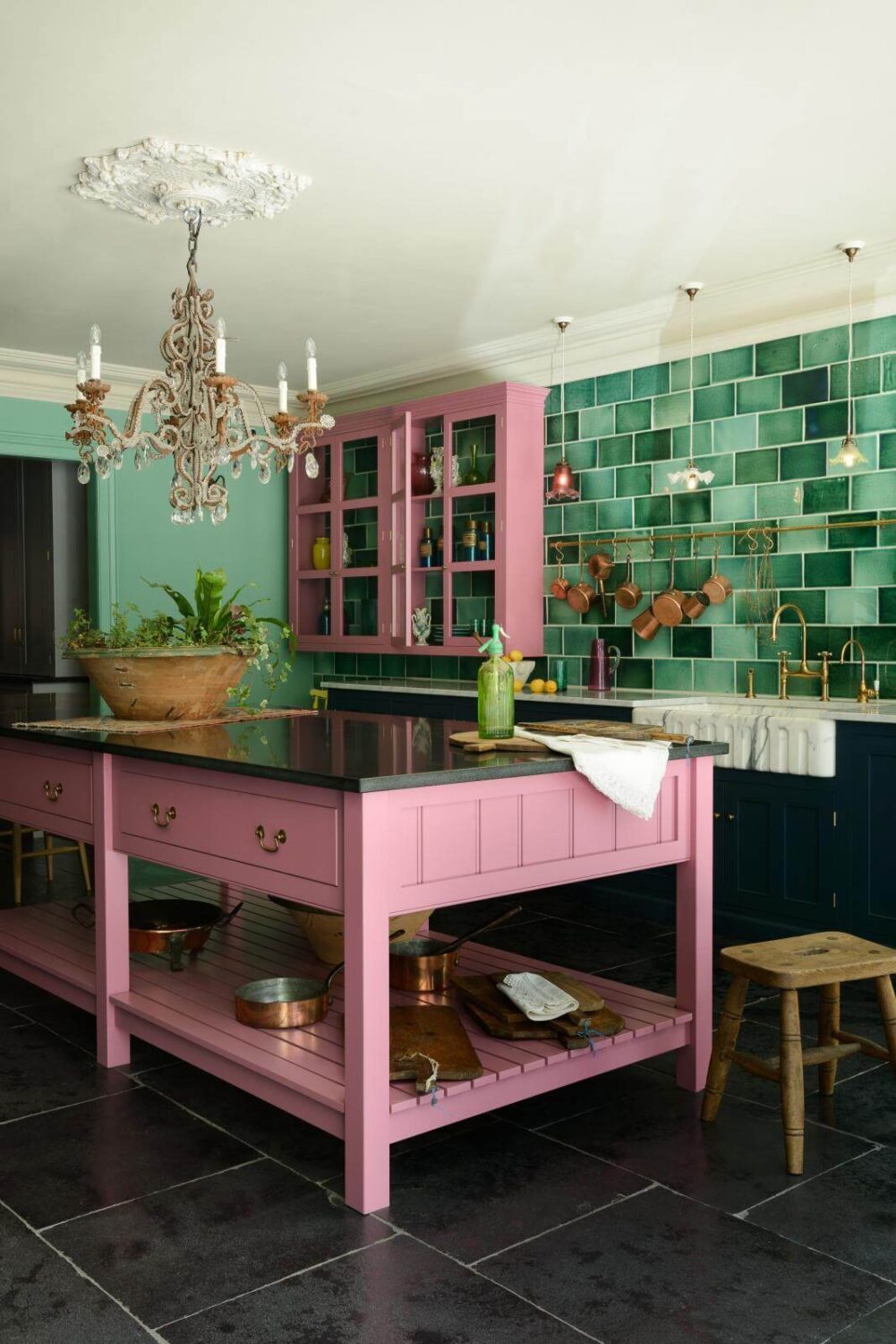 57 Stylish Two-Tone Kitchen Cabinet Ideas 27 two-tone-cabinets-devol-pink-blue-tiles-green-nordroom