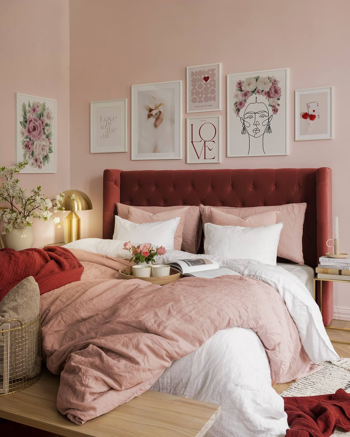 Best of 2023: Bedrooms 20 romantic-pink-bedroom-velvet-headboard-poster-art-nordroom