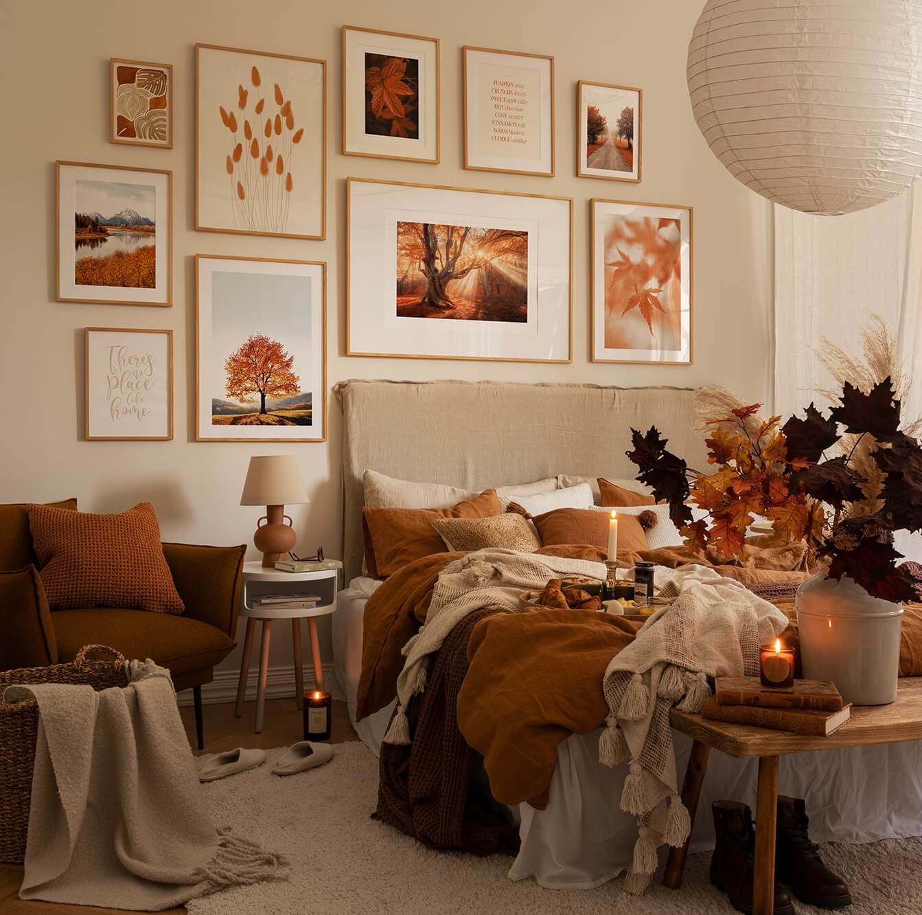 Best of 2023: Bedrooms 15 warm-bedroom-beige-walls-orange-color-accents-bedding-art-layered-textiles-nordroom
