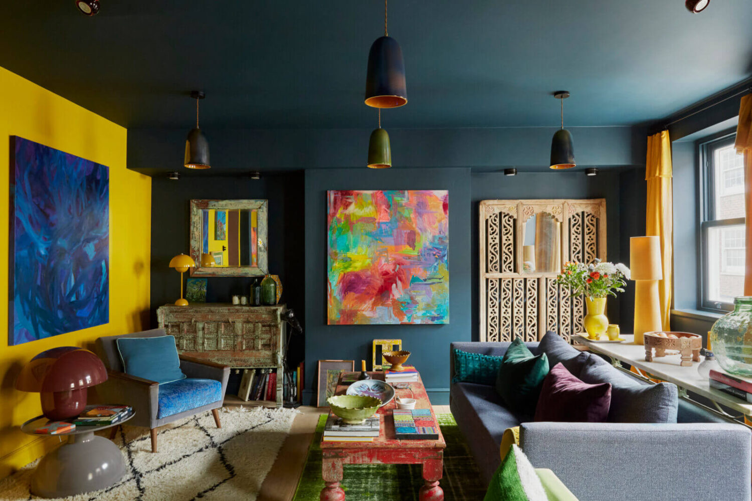 Jewel-Toned Hues in a Vibrant Eclectic Mews House 1 yellow-blue-eclectic-living-room-nordroom