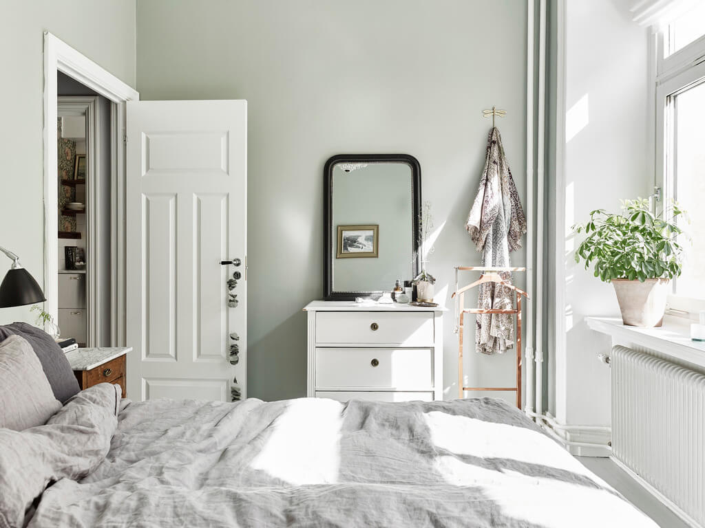 bedroom light gray walls nordroom A Scandi Home with Stainless Steel Kitchen and Wallpaper