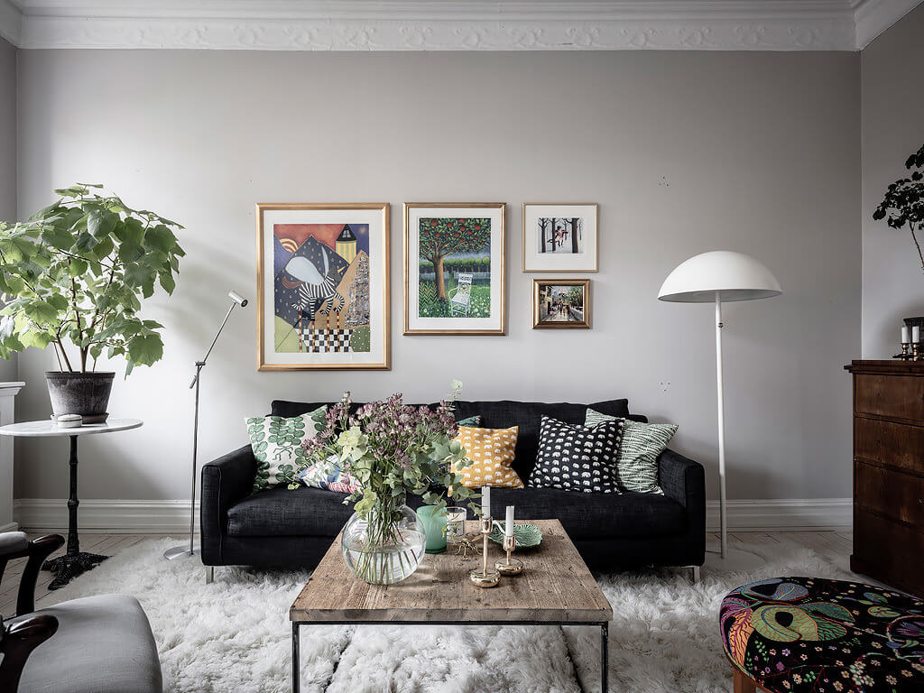 light gray walls scandinavian living room nordroom A Scandi Home with Stainless Steel Kitchen and Wallpaper