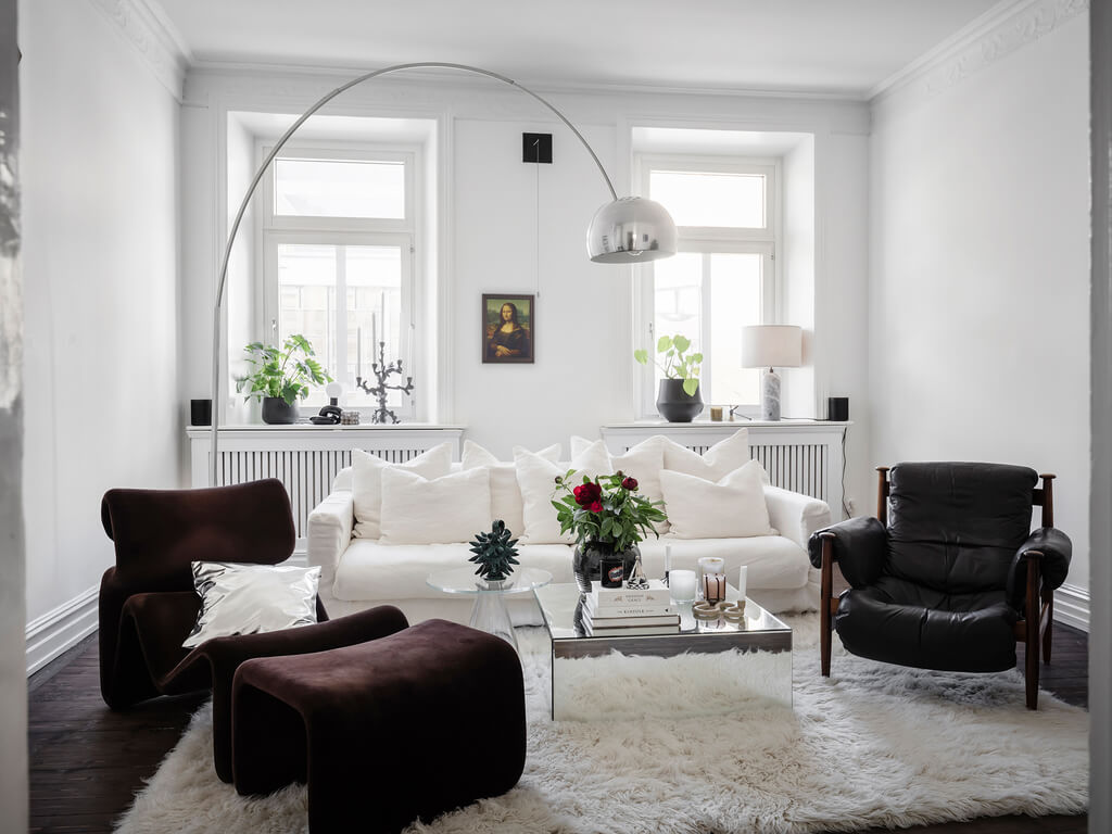 A Scandi Home with Stainless Steel Kitchen and Wallpaper 14 monochrome-living-room-large-rug-nordroom