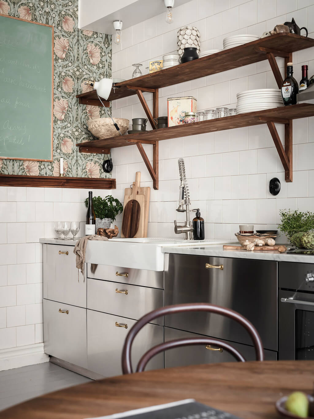 A Scandi Home with Stainless Steel Kitchen and Wallpaper 6 open-wooden-shelves-stainless-steel-kitchen-nordroom