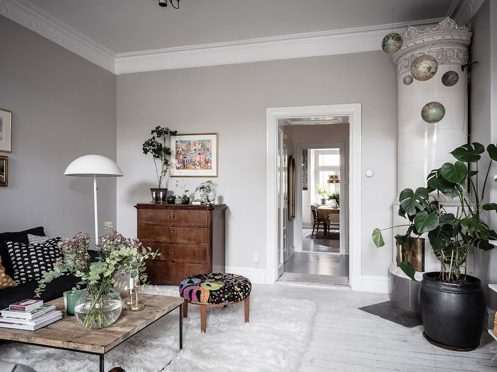 round fireplace living room nordroom A Scandi Home with Stainless Steel Kitchen and Wallpaper