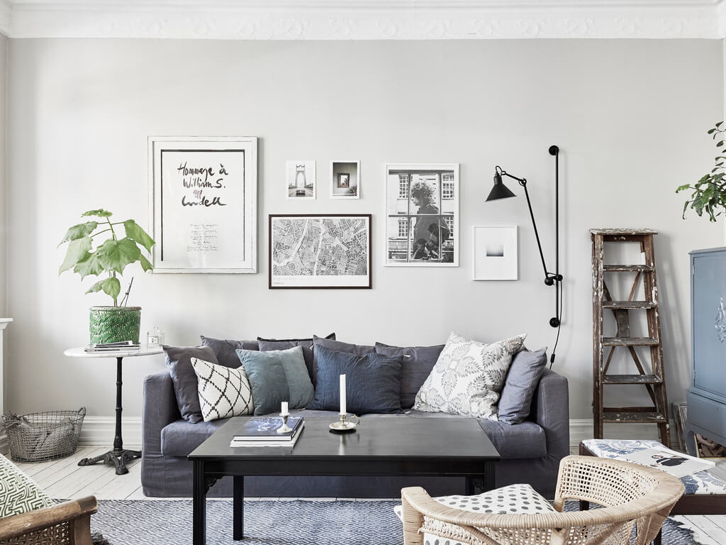 scandi living room light gray walls nordroom A Scandi Home with Stainless Steel Kitchen and Wallpaper
