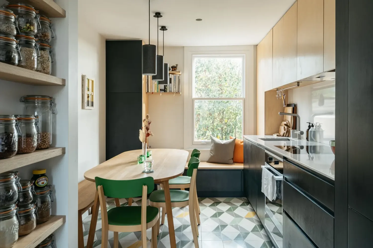 Modern Custom Interiors in a Victorian Home 1 small-wooden-kitchen-window-seat-dining-table-floor-tiles-nordroom