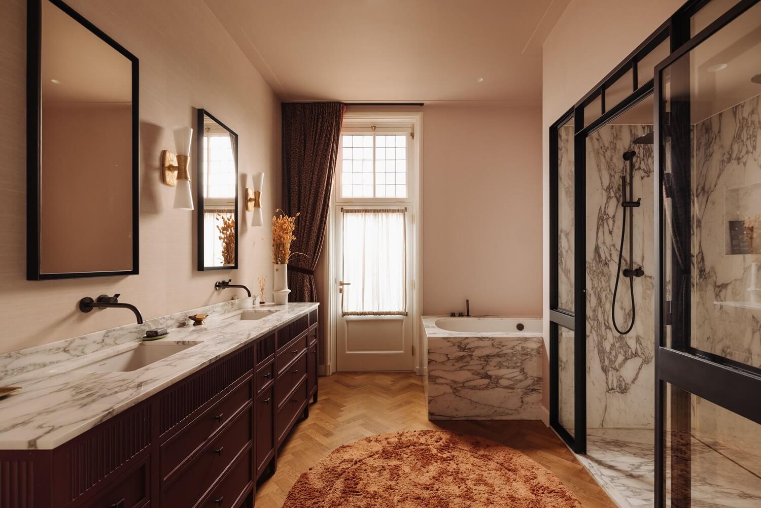 89 Pink Bathroom Ideas: From Hot Pink Walls to Blush Tiles 11 bathroom-double-marble-sink-walk-in-shower-nordroom