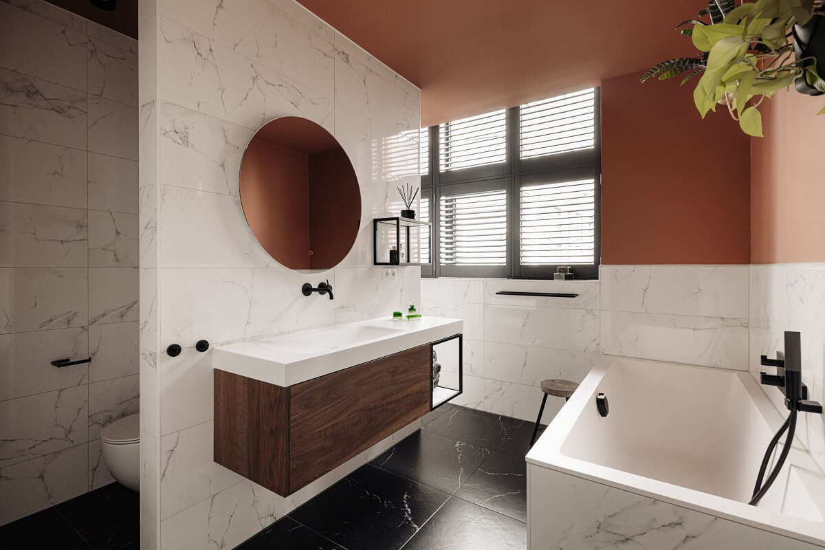 Boost Your Home's Value by Thousands with This Simple Paint Trick! 20 bathroom-earthy-pink-walls-round-mirror-nordroom