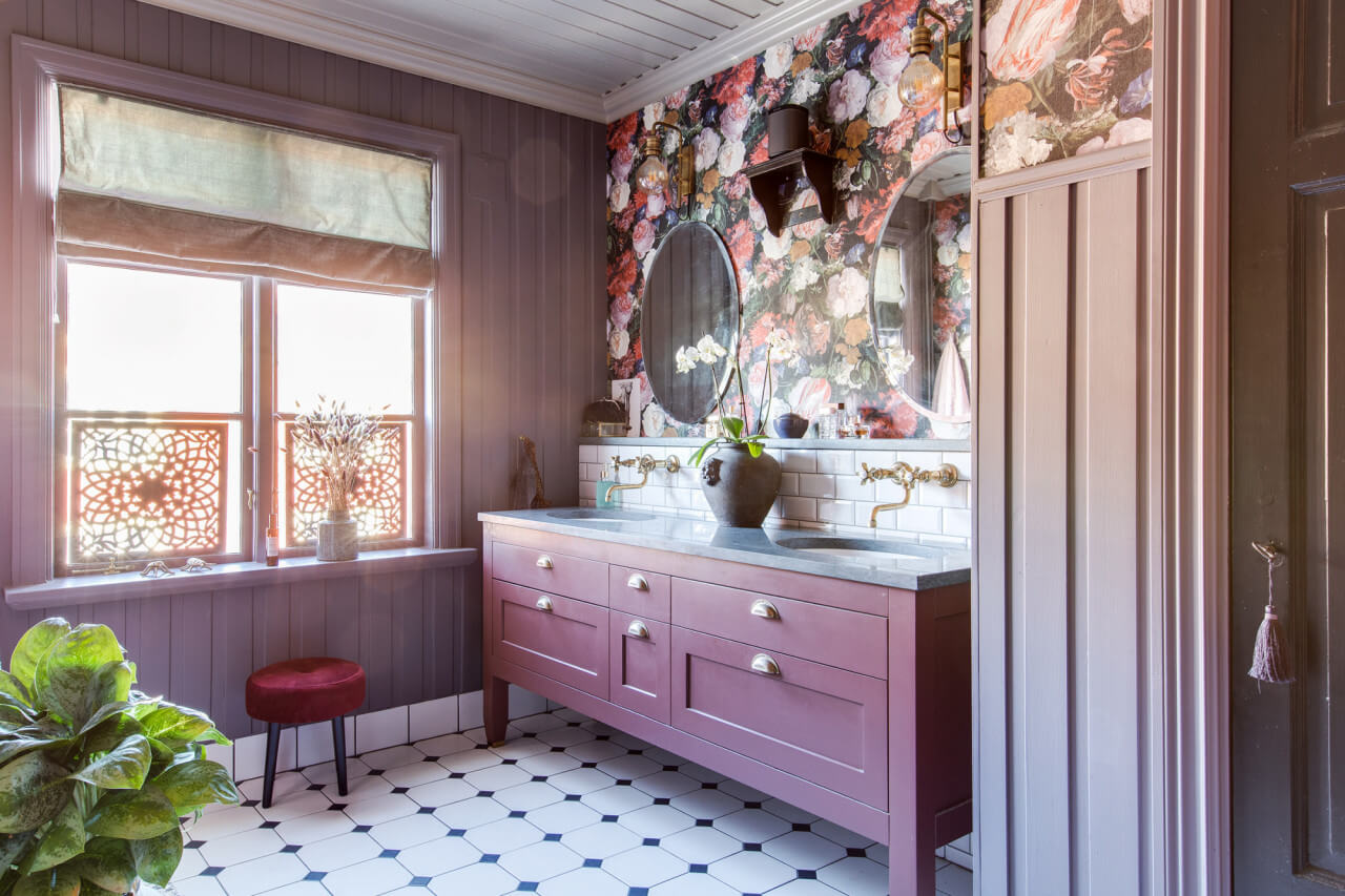 89 Pink Bathroom Ideas: From Hot Pink Walls to Blush Tiles 66 bathroom-pink-vanity-floral-wallpaper-nordroom