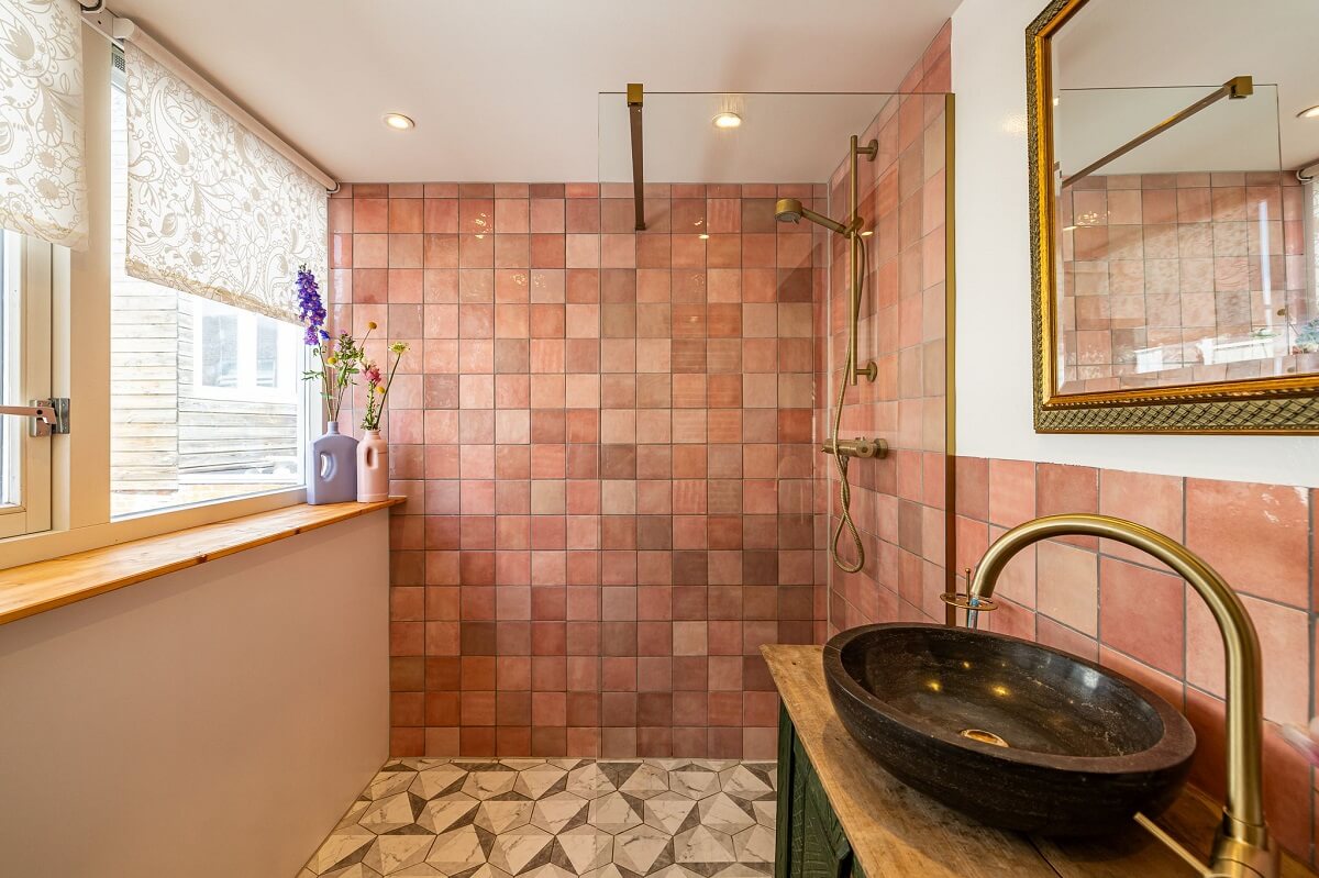 A Colorful Church Conversion in The Netherlands 20 bathroom-walk-in-shower-pink-tiles-nordroom