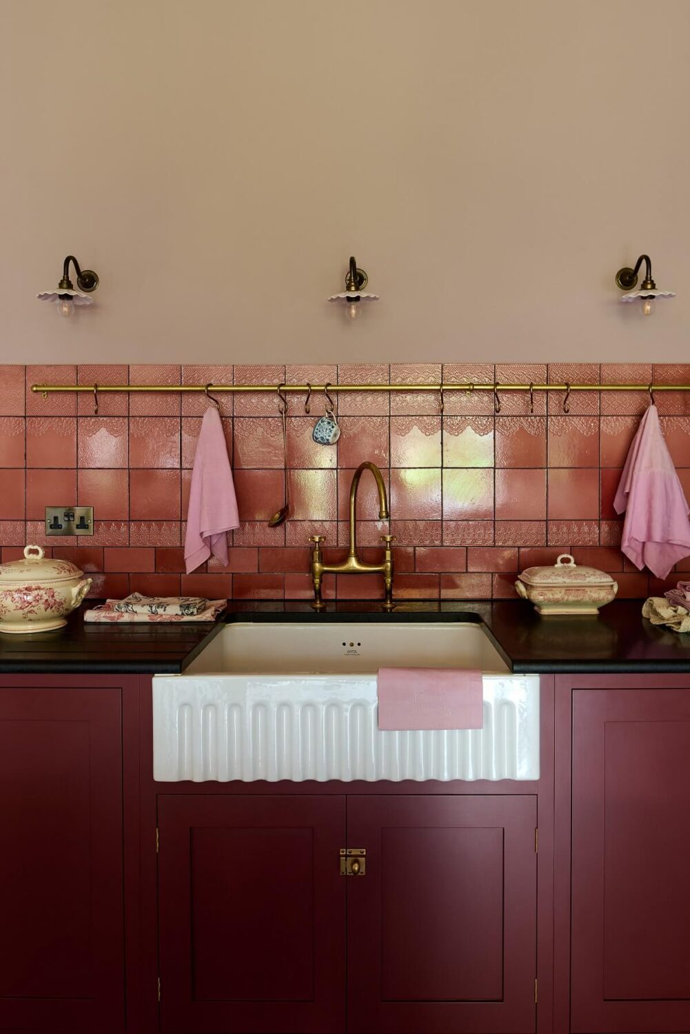 An English Country House Kitchen with Pink Tiles 11 butler-sink-rose-lace-market-tiles-devol-kitchen-nordroom