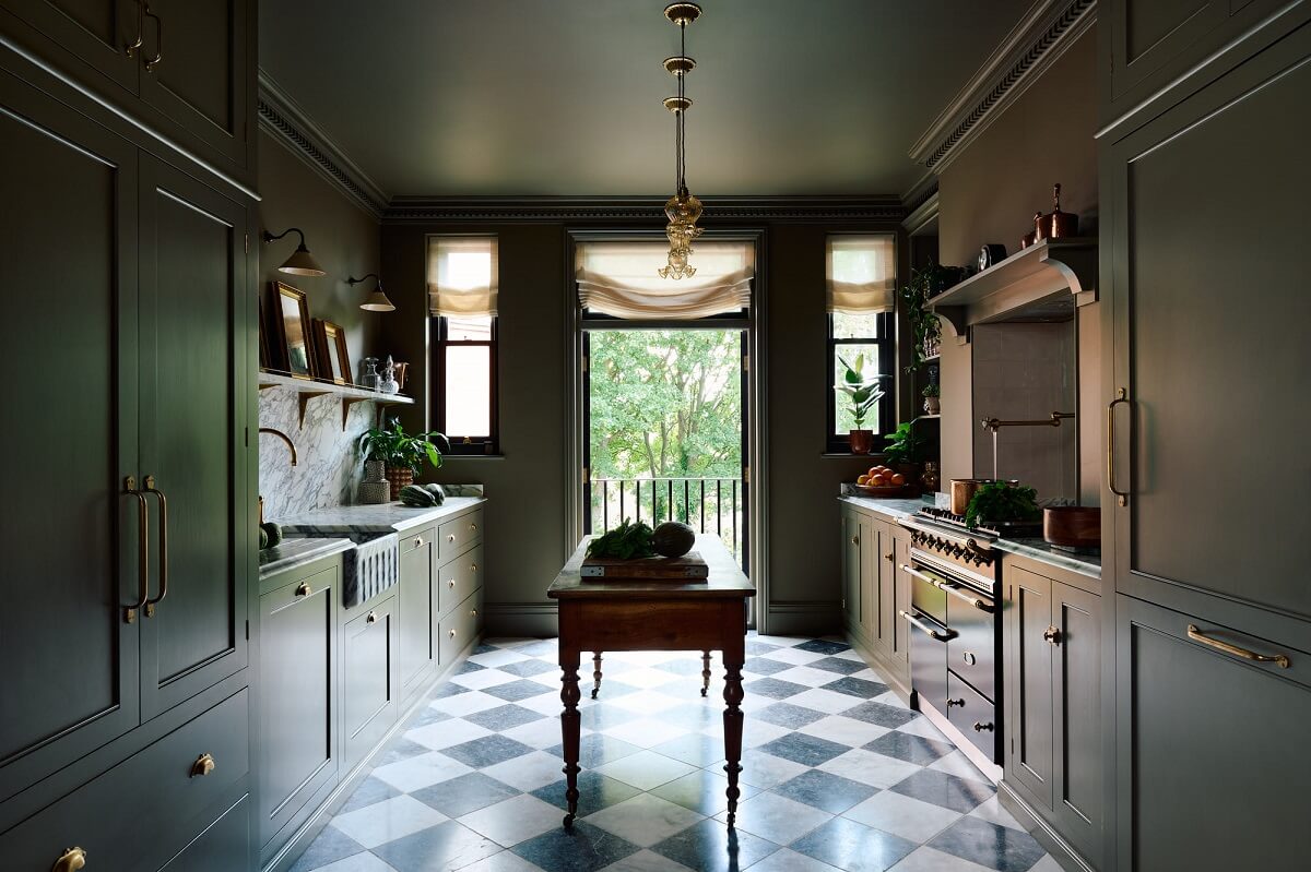 An All-Green deVOL Kitchen with A Marble Checkerboard Floor 2 all-green-kitchen-devol-classic-english-cabinets-juliet-balcony-nordroom