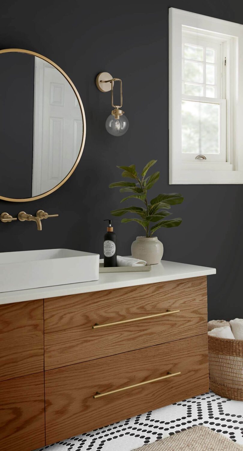 The Color Trends for 2024: Comforting Neutrals & Positive Accents 40 bathroom-dark-gray-wall-cracked-pepper-behr-color-of-the-year--nordroom