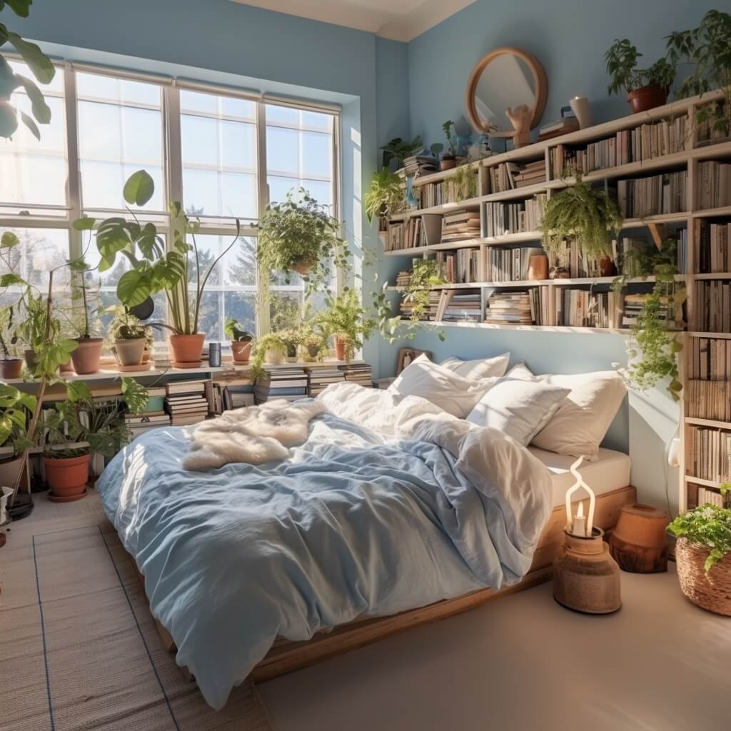 The Color Trends for 2024: Comforting Neutrals & Positive Accents 30 fresh blue bedroom bookshelves plants color trends nordroom