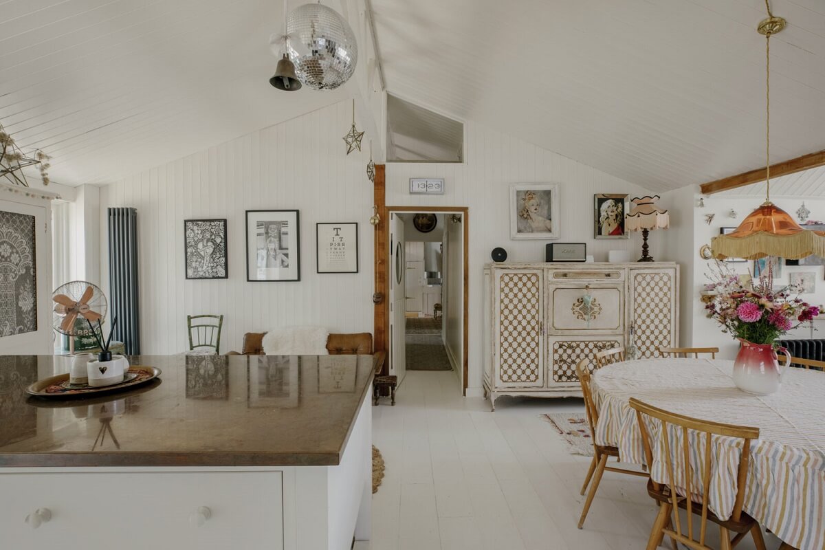 Pearl Lowe's Vintage Boho English Beach House is For Sale 4 open-plan-living-kitchen-pearl-lowe-beach-house-nordroom