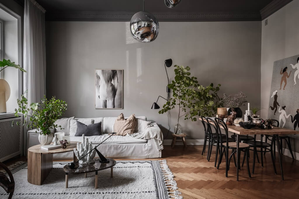 A Dark Gray Painted Ceiling in a Scandi Apartment 1 scandinavian-living-room-wooden-floor-dark-gray-ceiling-nordroom
