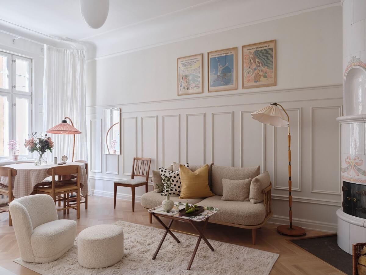A Light Scandinavian Apartment with Classic Touches 1 light-living-room-fireplace